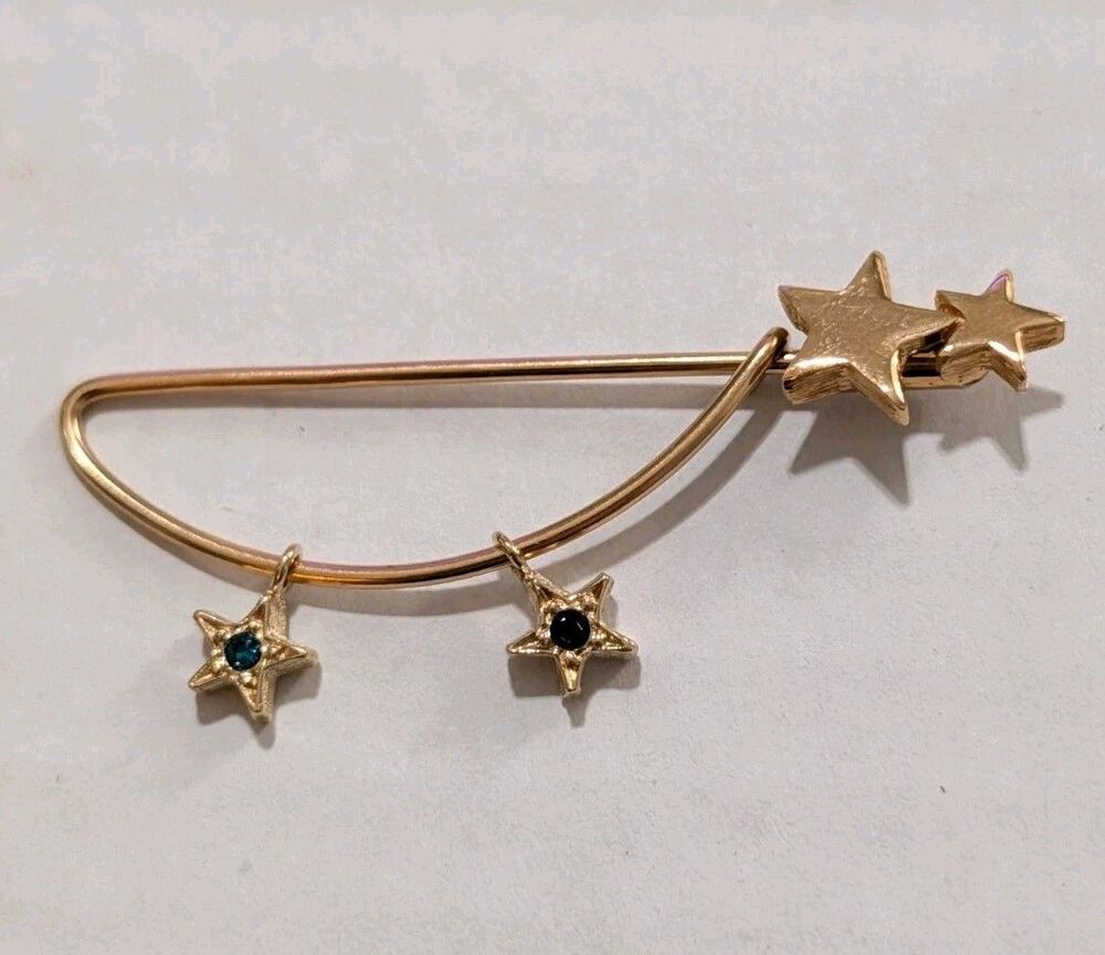 Vintage Celestial Star Kilt Pin Brooch Gold Tone Rhinestone Dangling 2" - Picture 3 of 5